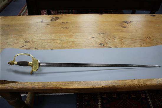 A Georgian infantry officers sword, fine gilt hilt, folding guard, the blade etched GR and Royal Arms, blade 82.5cm, overall length 99